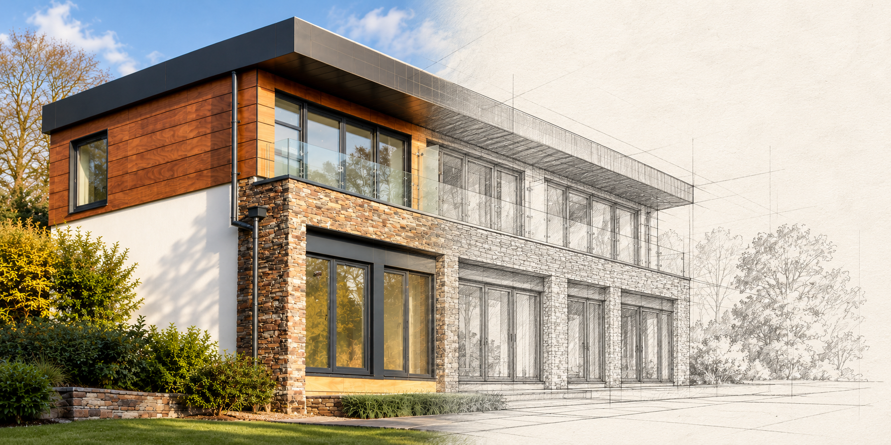 A finished stone and timber home on the left merging into an architectural pencil drawing on paper on the right